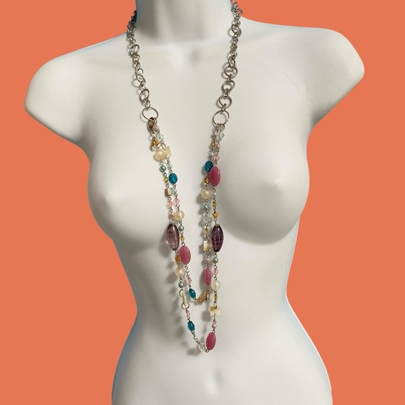 COOKIE LEE Acrylic Beads & Natural Seashells Long Necklace Silvertone - Picture 4 of 9